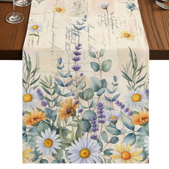 Floral Eucalyptus Leaves 72 Inch Table Runner, Daisy Summer Botanical Vintage Farmhouse Dresser Scarf Cotton & Linen Tablerunner for Dining/Kitchen Island/Holiday Party Décor 13" x 72"