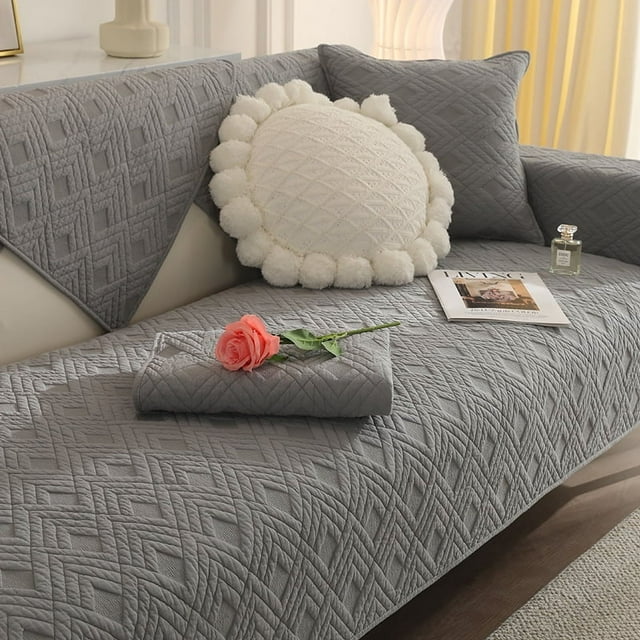 Nvzi Geometric Quilted Sofa Cover Cotton Sectional L Shape Couch Cover 1Pcs/Not All Set-35.4*94.4inch,Grey