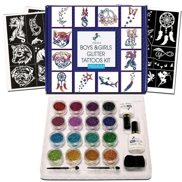 Kit de tatuaje temporal con purpurina INGALA, 16 colores, 74 plantillas