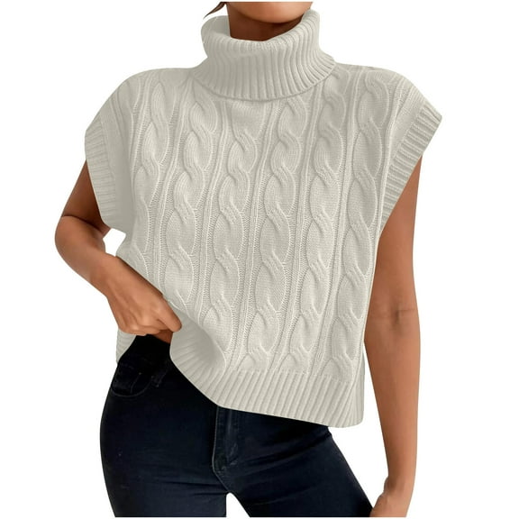 Women's Sweater Vest Sleeveless Turtleneck Ribbed Knitted Loose Pullover Tank Beige L