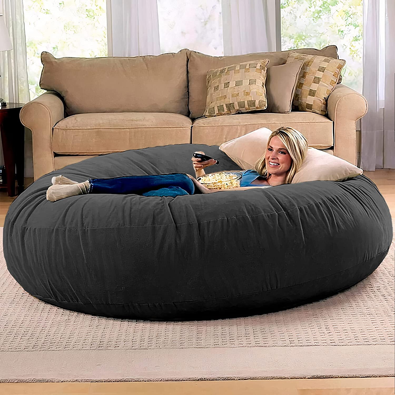 Jaxx 6 Foot Cocoon Large Bean Bag Chair for Adults Supportive Stylish Multi Positional Design Machine Washable Cover Black