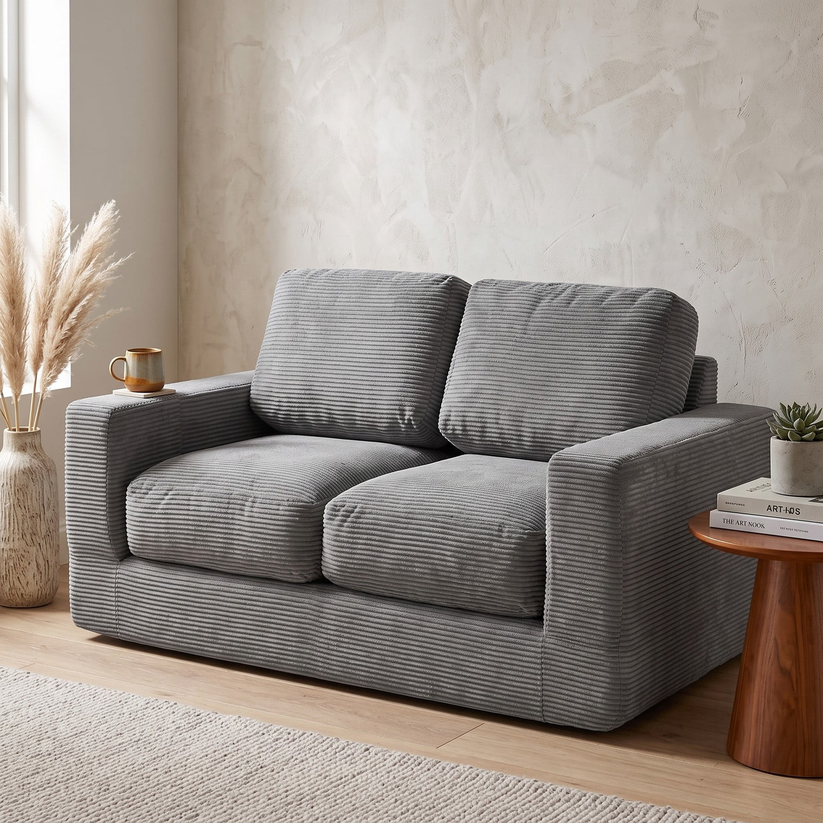 Furnibear 2-Seater Floor Couch Loveseat, Convertible Foam Sofa Lazy Couch with Removable Corduroy Cover, High-Density Sponge Filled Sofa Bed for Living Room, Gray