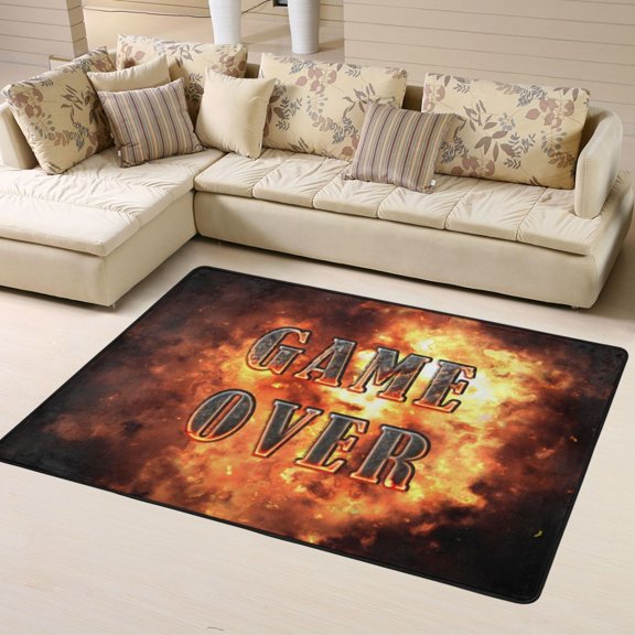 DouZhe Game Video Game Over Pattern Area Rugs Non-Slip Machine Washable Floor Mat, Fire Burning Style Carpet Doormat, 63x48 inches
