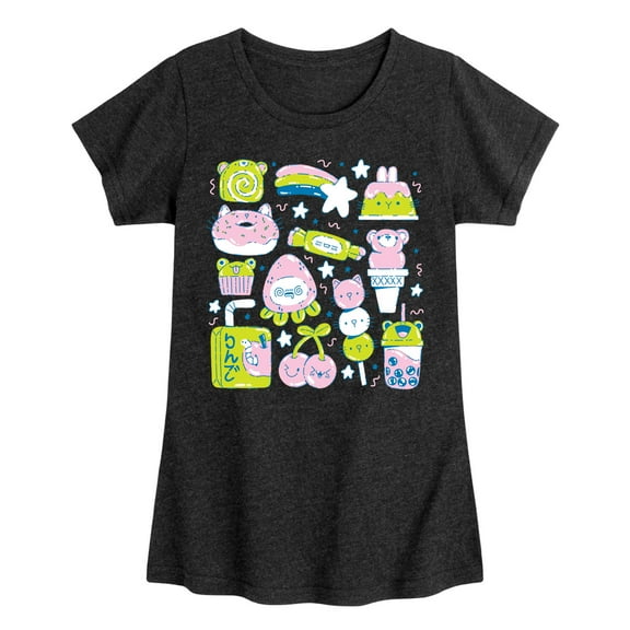 Instant Message - Kawaii Sticker Collage - Girls Fitted Short Sleeve Graphic T-Shirt