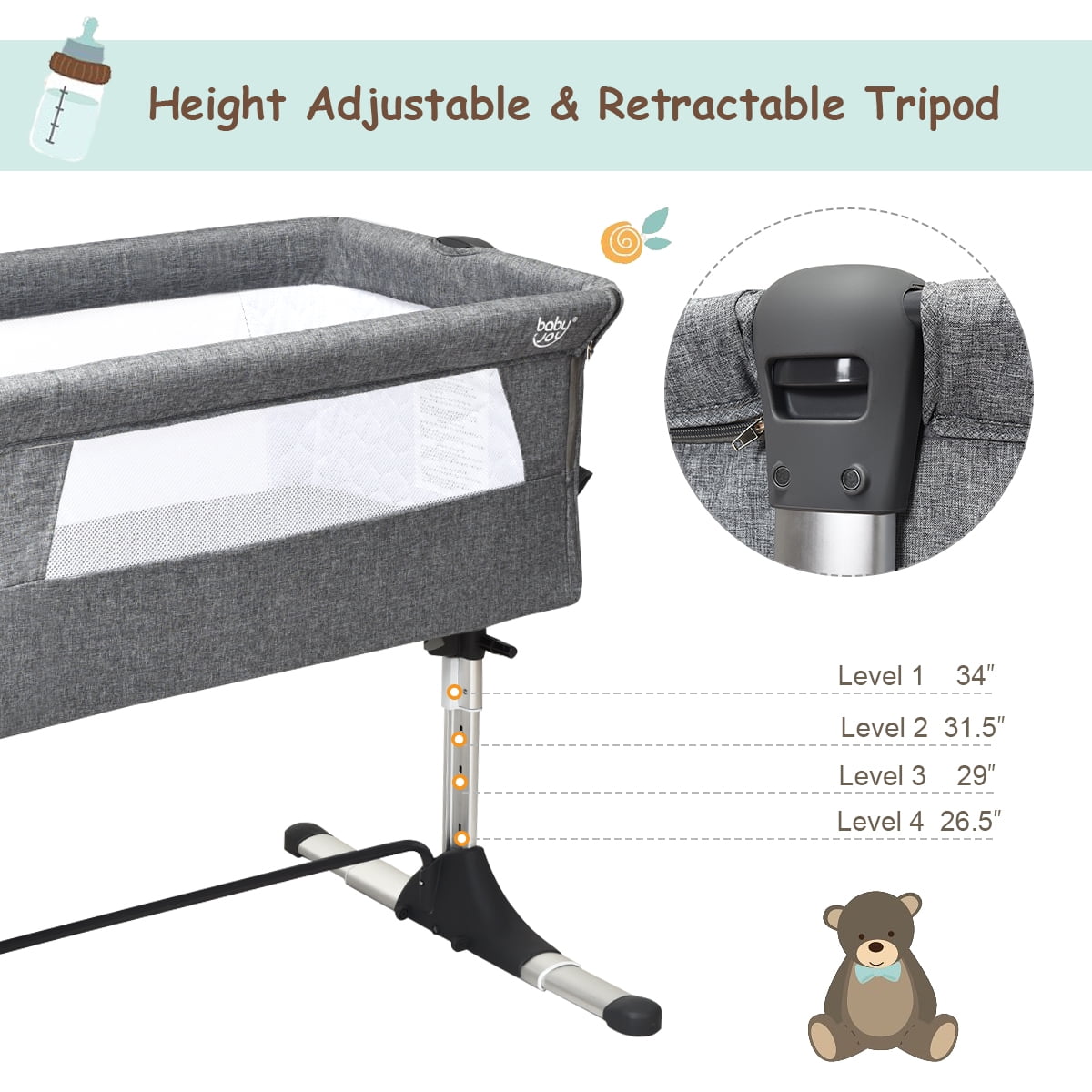 Costway Baby Playard Bassinet Bed Side Crib Infant Sleeper Breathable Mesh with Carrying Bag Gray