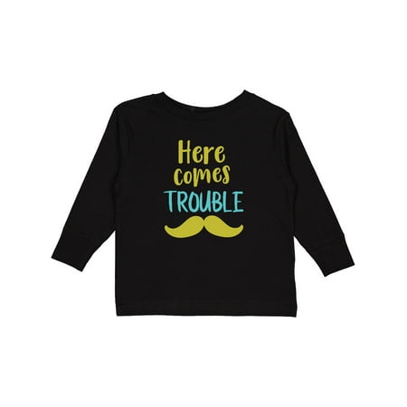 

Inktastic Here Comes Trouble Mustache Moustache Gift Toddler Boy or Toddler Girl Long Sleeve T-Shirt