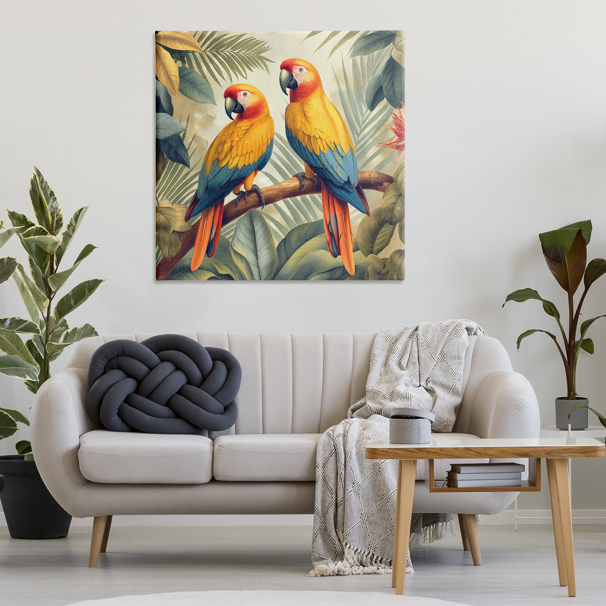Stupell Industries Parrot Duo on Branch Animals Painting Wrapped Canvas Art Print Wall Art, 36 x 36