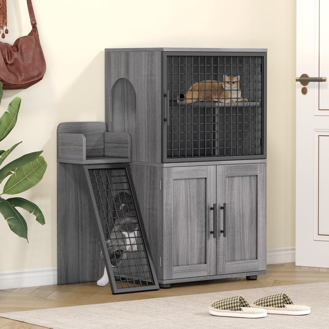 Modern Cat Litter Box Enclosure with Platform, Double Layer Hidden Litter Box, Indoor Washroom, Villa Cat House with Ladder