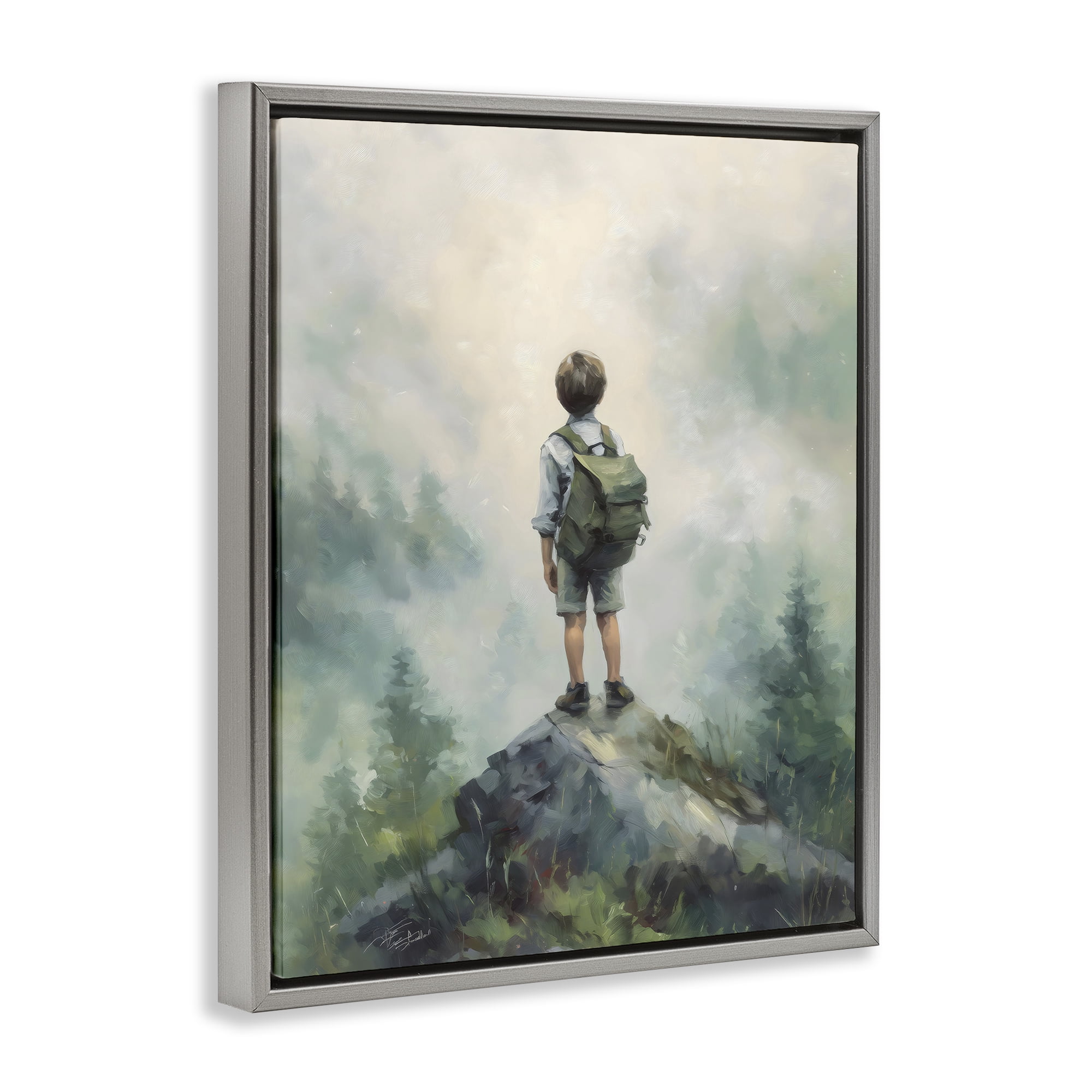 Boy Adventurer Atop Mountain Gray Framed Floater Canvas Wall Art, design by Arlington Prints