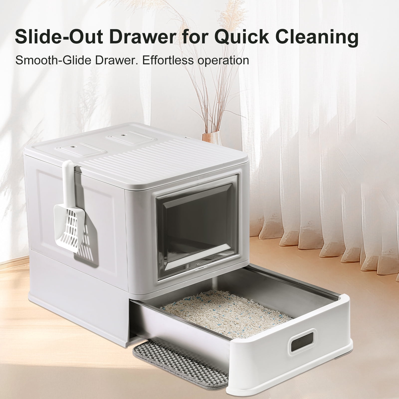 Marchul Enclosed Stainless Steel Cat Litter Box with Lid & Drawer, Anti-Leakage Baffle, Includes Scoop & Mat for Indoor Cats