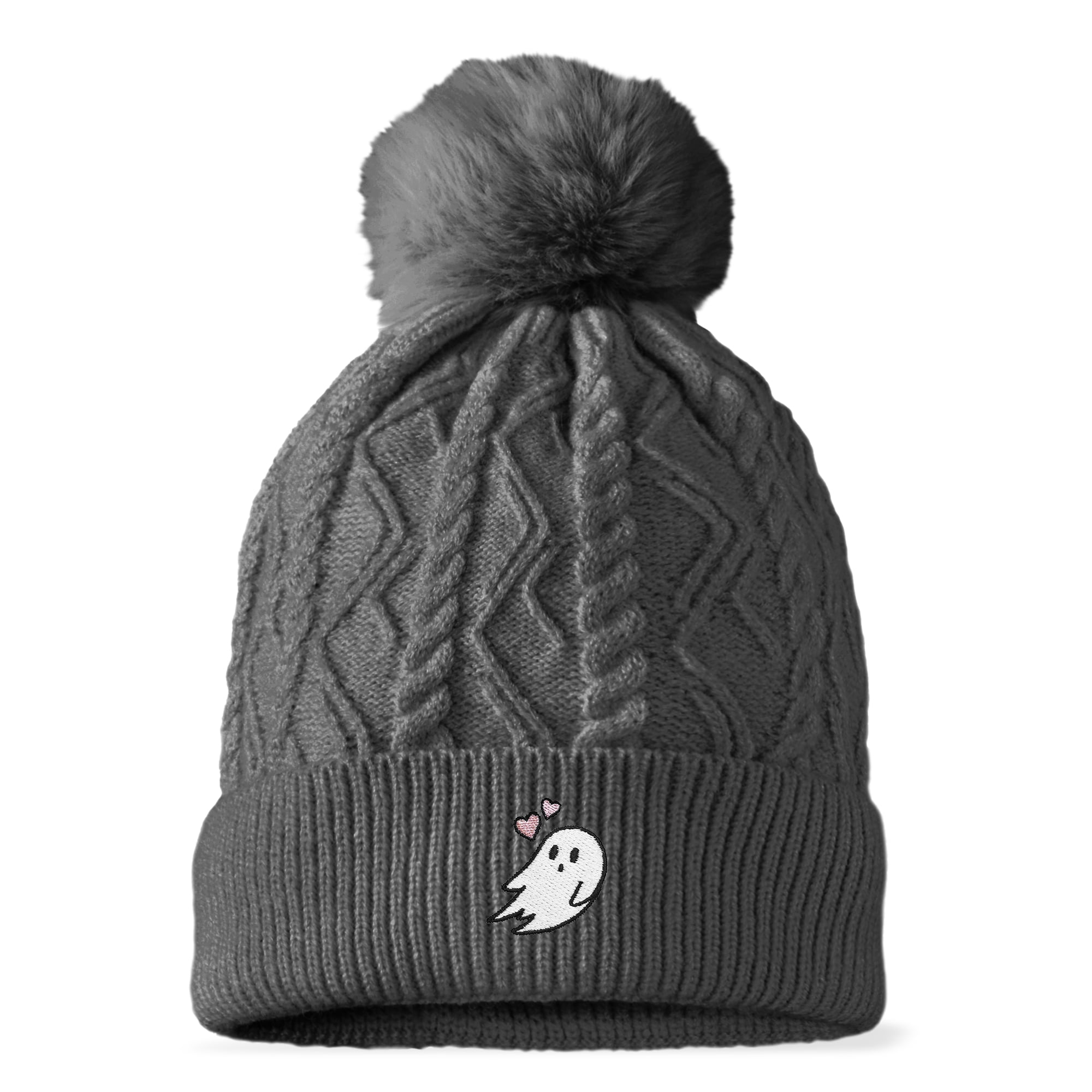 Dalix Heartly Ghost Cable Knit Pom Beanie Soft Stretch Skully Warm Fuzzy Faux Sherpa Winter Ski Beanie in Charcoal Gray
