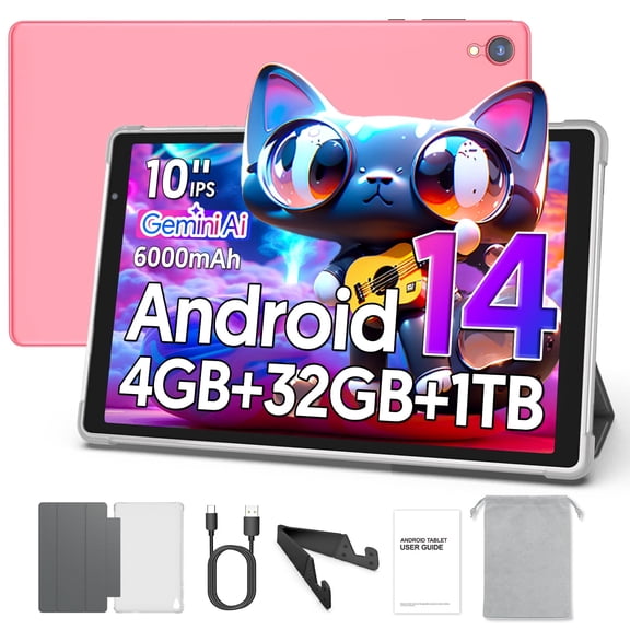 Tedupee Android 14 Tablet,10.1 Inch Android Tablets with case,stand and storage bag,HD IPS Display, Quad Core,4GB 32GB 1TB Expandable,Wifi-Pink