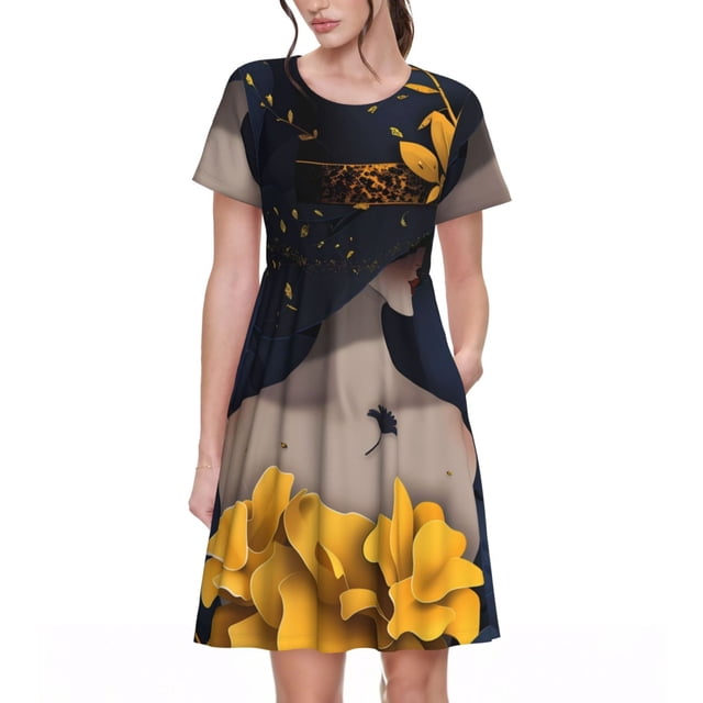 Vsdgher Robe Élégante pour Femme avec Chapeau pour Femmes Été 2025 Décontractée Midi Maxi Robes Légère à Manches Courtes Col Rond Robe de Plage