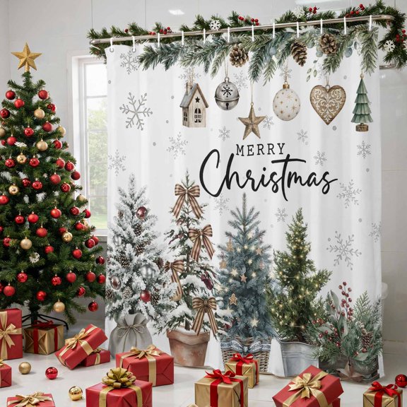 Christmas Shower Curtains for Bathroom, Xmas Tree Botanical Pine Needles Balls Snowflake Waterproof Fabric Shower Curtain, Decorative Bathroom Curtain for Bathtub, 72"x84", No Hooks Included