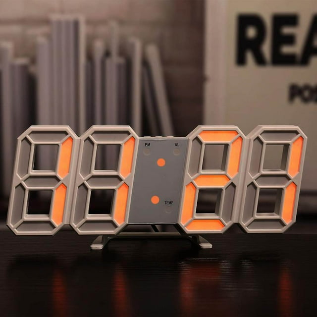 Reloj despertador digital LED de escritorio, silencioso, 3D, para sala de estar, dormitorio, marco blanco y personaje naranja.