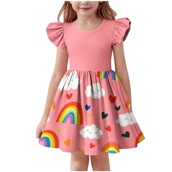 Cethrio Girl's Summer Dresses, Flutter Sleeve A-Line Party Princess Dresses Birthday Dresses Pink Size 10-12T