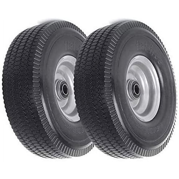 (2-Pack) 2.50-4 Solid PU Run-Flat Tire Wheel Assemblies - 8 Flat Free Tubeless Tires and Wheels for Utility Equipment - 5/8 Axle Bore Hole, 2 1/4 Offset Hub, and Double-Sealed Ball Bearings