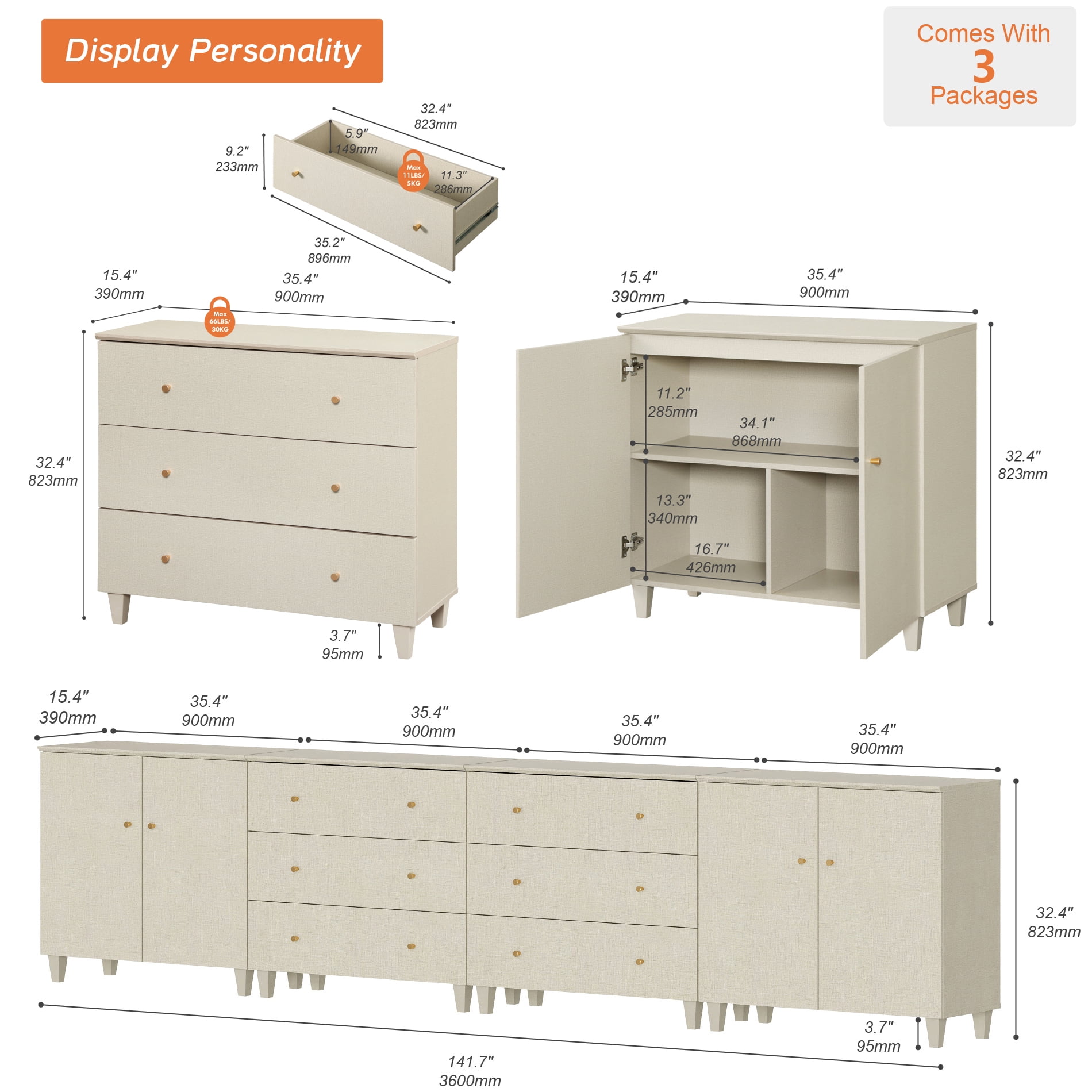 WAMPAT Wood Dresser with 6 Drawers and 2 Cabinets for Bedroom, Modern Chest of Drawer, 142" Wide, Beige Linen Printed Finish