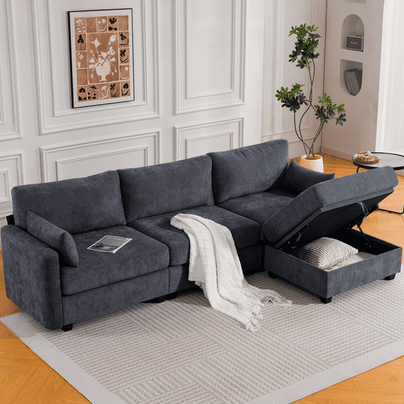 109" Modular Sectional Sofa Sleeper Bed with Storage Ottoman, Oversized Deep Seat Cloud Couch with Movable Ottomans, Convertible 4-Seat L-Shaped Sofa for Living Room or Apartment (Low Legs 1.97")