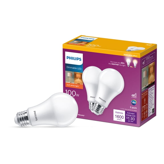 Philips LED 100-Watt A19 General Purpose Light Bulb, Frosted Soft White Warm Glow, Dimmable, E26 Medium Base (2-Pack)