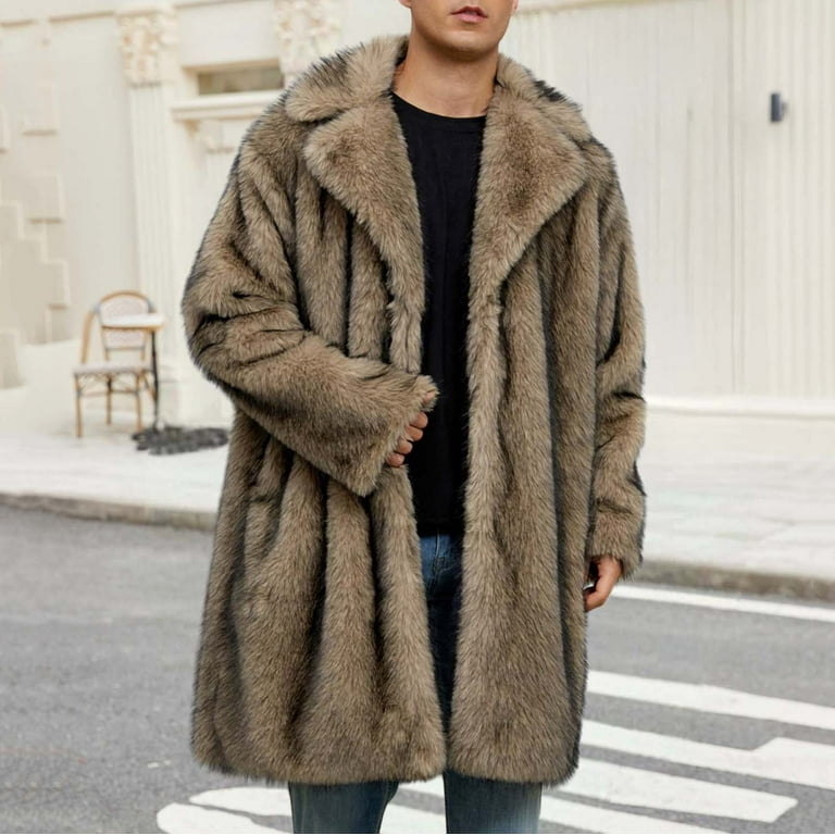 ZACPNCV Mens Long Faux Fur Coat Furry Jacket Lapel Collar Shaggy