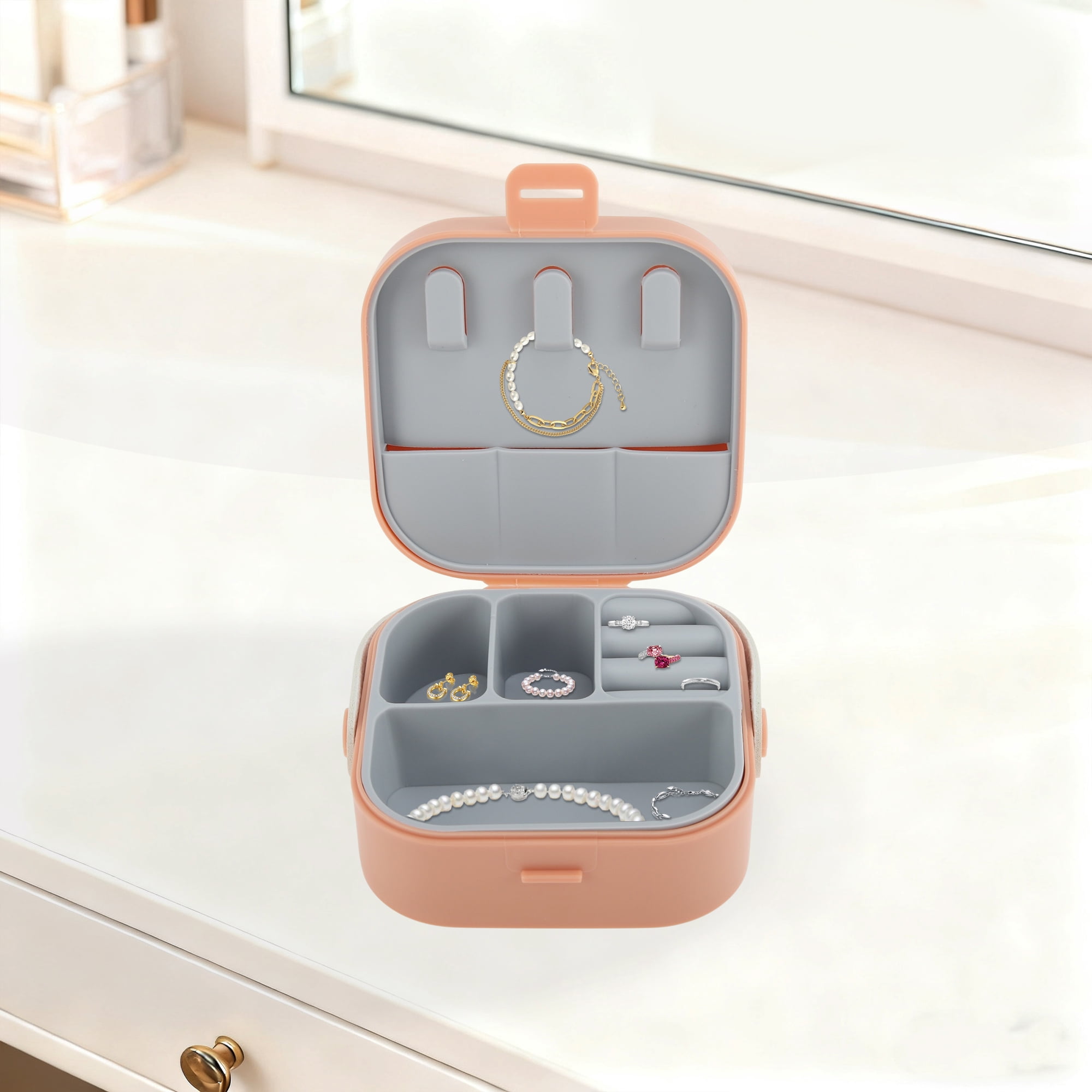 Unique Bargains Square Multi-Function Jewelry Box Organizer for Storing Coral Pink