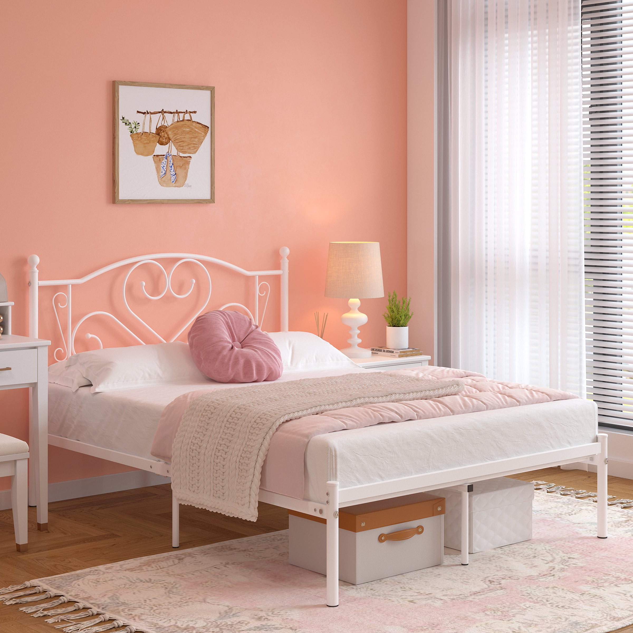 Yoneston 12” Full Size Heavy Duty Metal Platform Bed Frame with Love-Heart Shape Headboard for Bedroom Furniture, White
