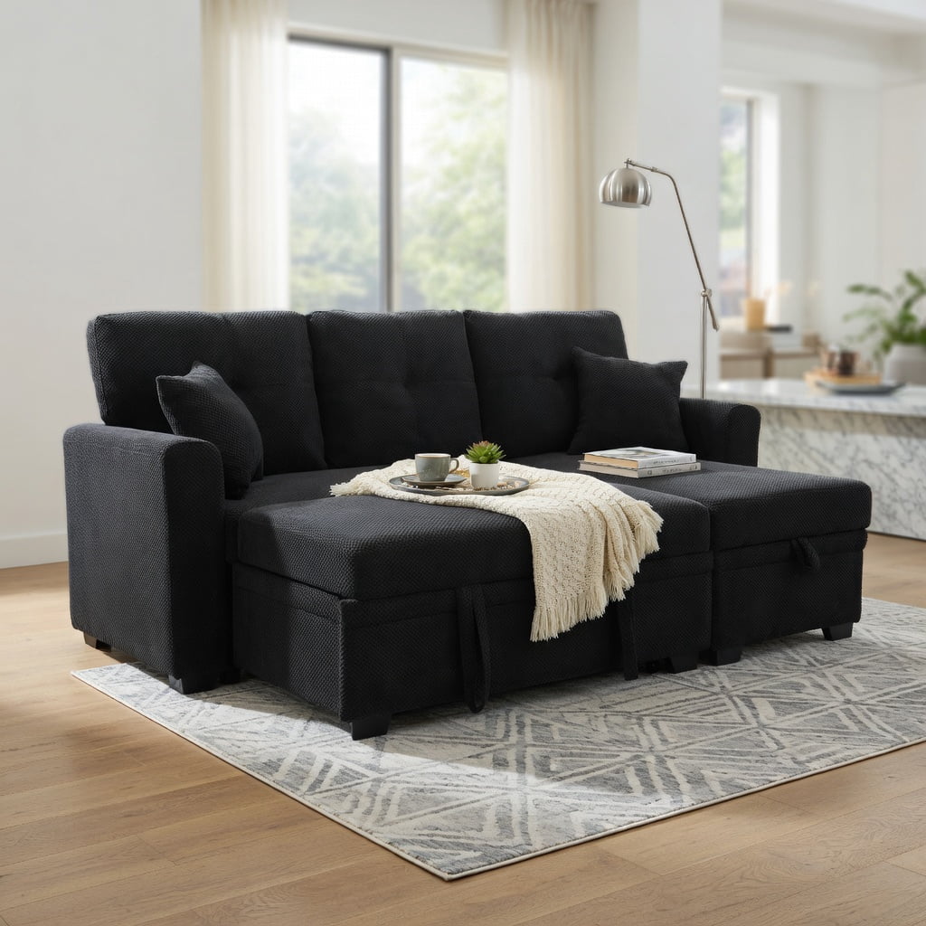 Hommoo Mid-Century Modern Sleeper Sectional Sofa, L-Shaped Convertible Sofa Bed with Reversible Chaise, Hidden Storage & Pull-Out Mattress, Small Space Living Room Furniture, Black