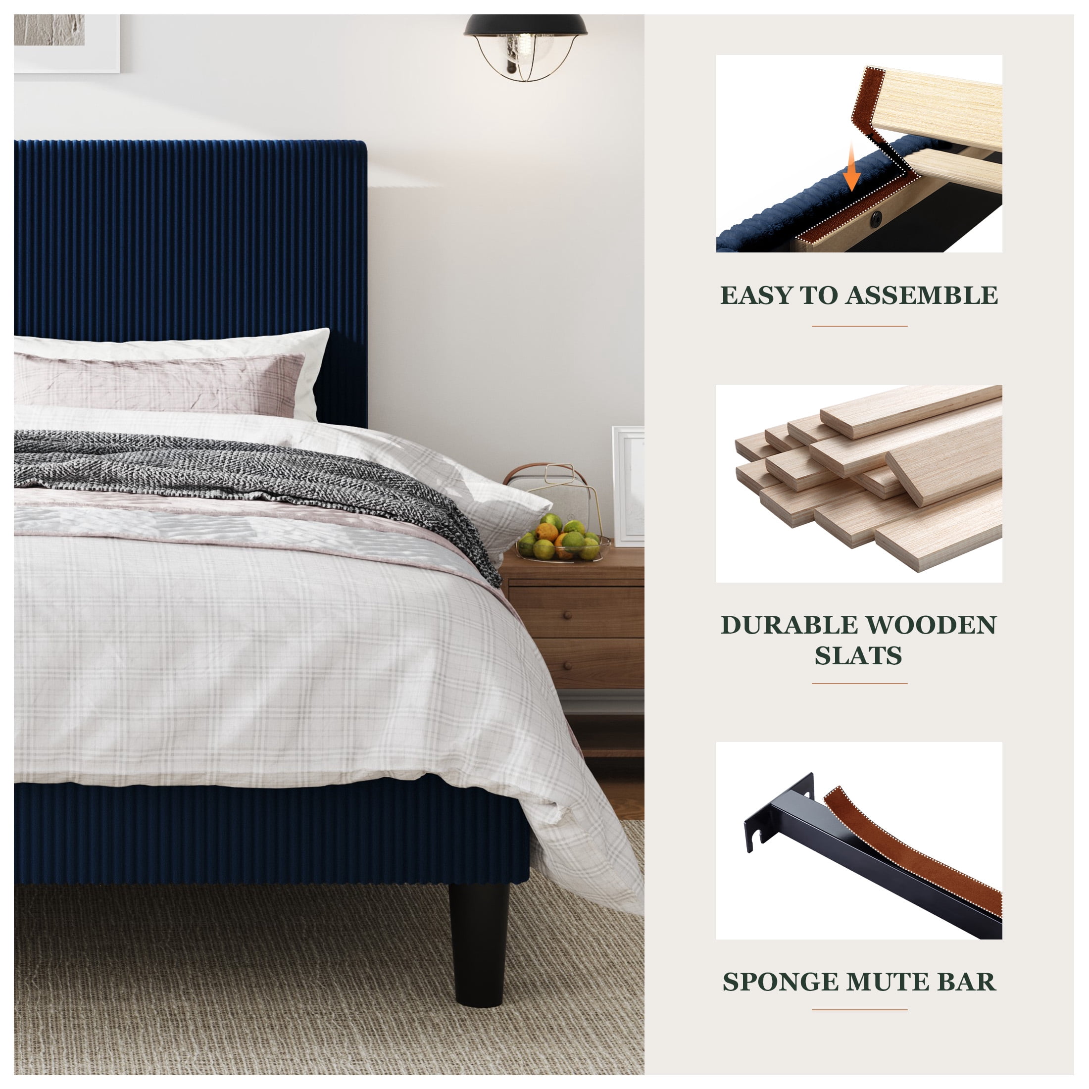 Amolife King Size Platform Bed Frame with Corduroy Fabric Upholstered Adjustable Height Headboard, Dark Blue