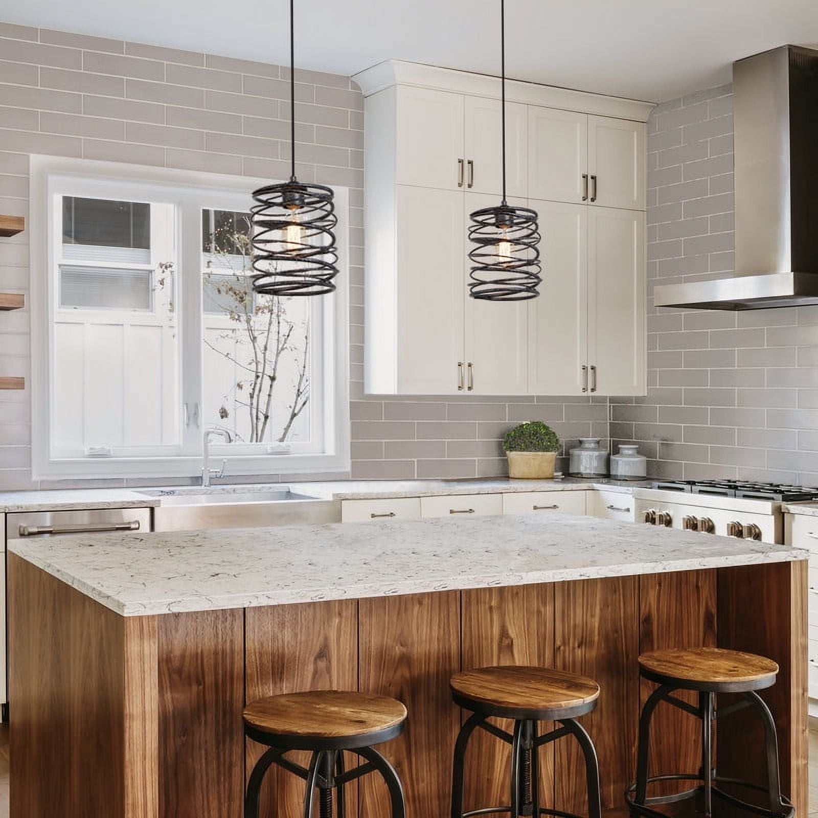 LNC 1-Light Matte Black Spiral Cage mini Pendant Light for Kitchen Island Light