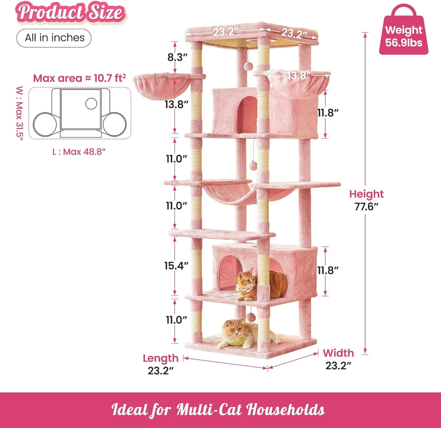 WSWJY Pink Extra Large Cat Tree, 77.6-Inch Tall Cat Tower for Indoor Cats with 2 Condos, Multi-Level Cat Stand for Large Cats, 3 Hammocks, Wide Perch, Scratching Posts, Dangling Toys