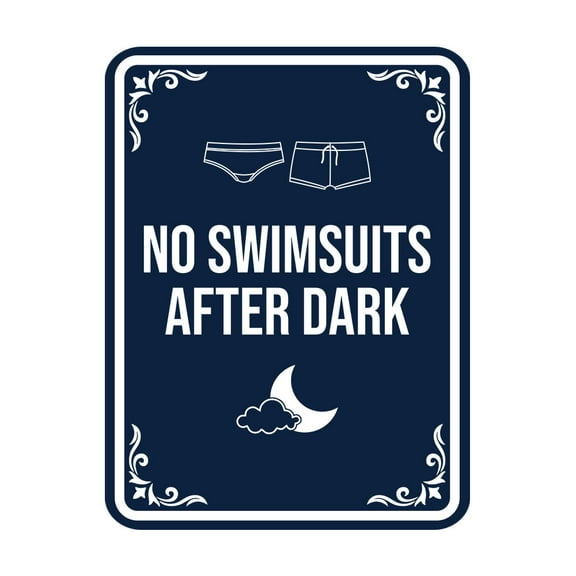 Signs ByLITA Portrait Round No Swimsuits After Dark Door or Wall Sign Durable ABS Plastic | Laser Engraved | Easy Installation | Elegant Design | Pool Safety Sign (Navy Blue / White) - Large