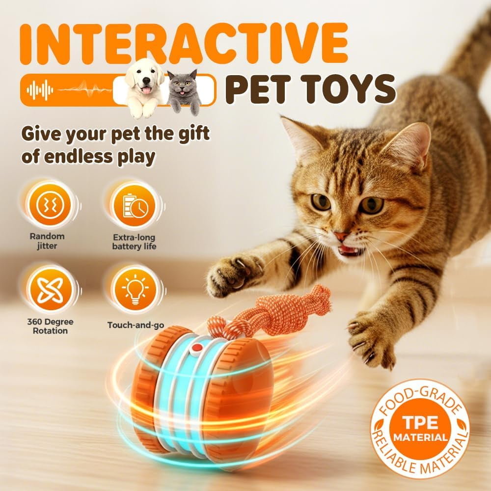 Interactive Dog Toy – Automatic Electric Rolling Ball with Rope, Motion-Activated Play, Random Movement, Rechargeable, Ideal for Boredom Relief for All Dog Sizes