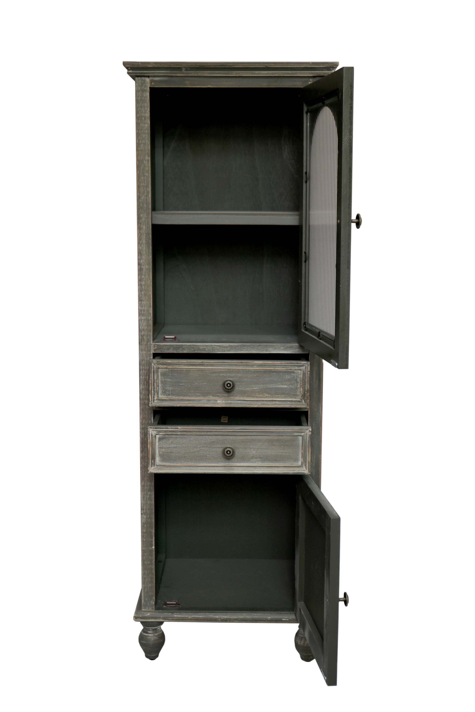 AENKYO 59" Tall Farmhouse Storage Cabinet, Rustic Wood Accent Chest w/ Reeded Glass Door & 2 Drawers, Antique Gray