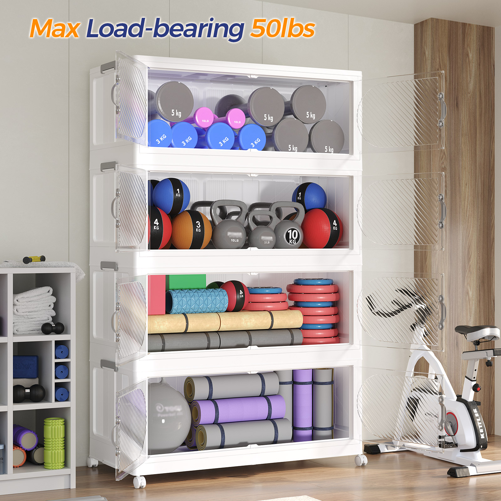 Fangtueh 240GAL Plastic Storage Bins with Lid, 960QT Extra Large Stackable Closet Organizers and Storage, Collapsible Storage Boxes with Wheels, Folding Cabinet for Home Kitchen Office, 6Pack White