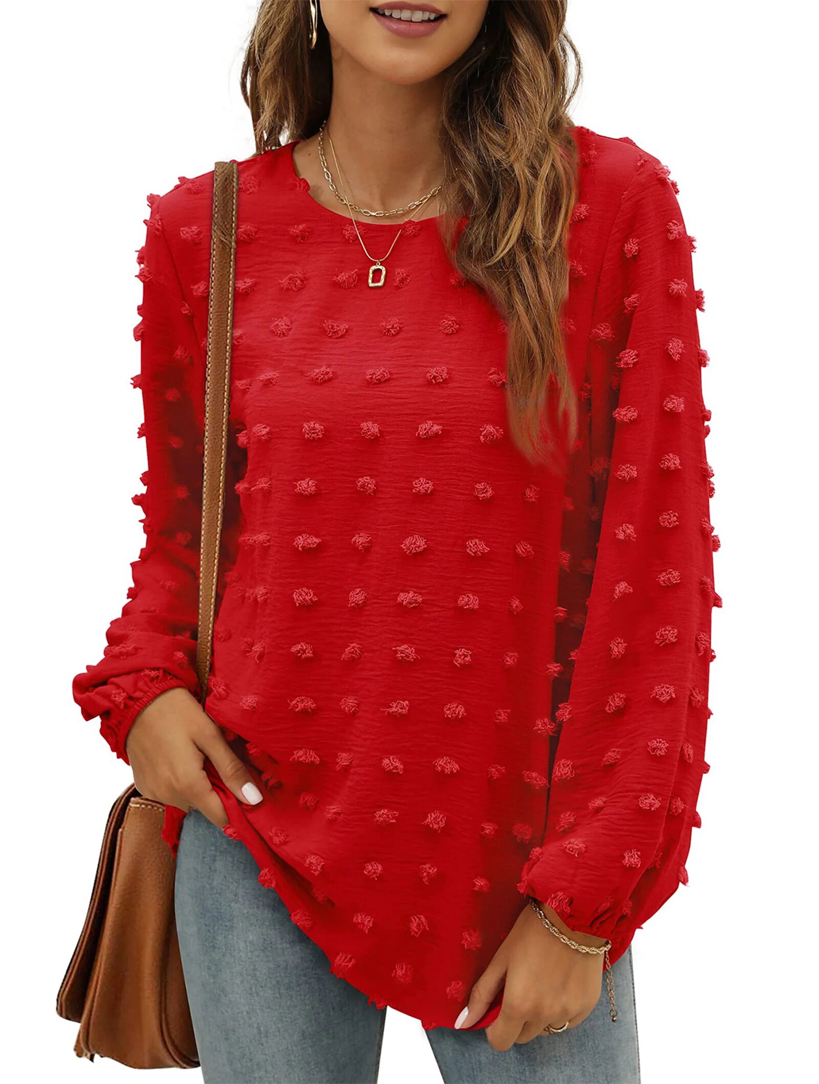 Fantaslook Blouses for Women Crewneck Long Sleeve Tops Chiffon Pom Pom Shirts Fall Casual