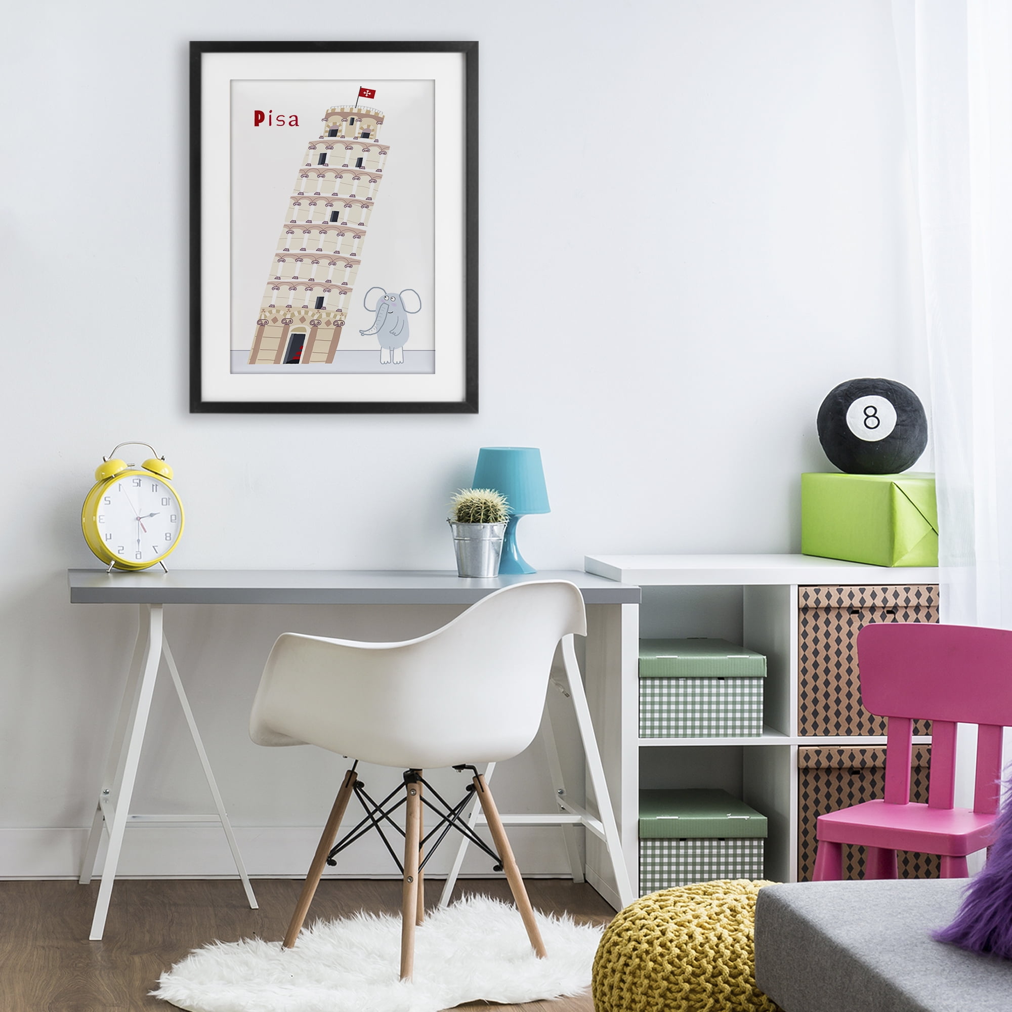 Elephant & Leaning Tower Pisa Black Framed Print Under Glass, design by Carla Daly