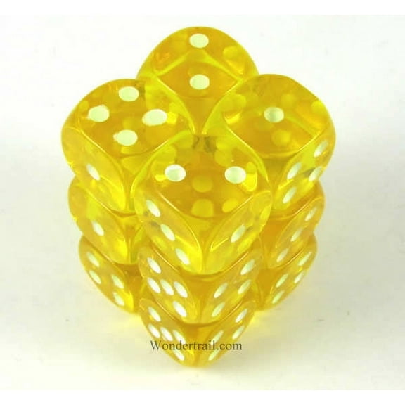Yellow Transparent Dice with Glow in the Dark Pips D6 16mm (5/8in) Pack of 12 Koplow Games