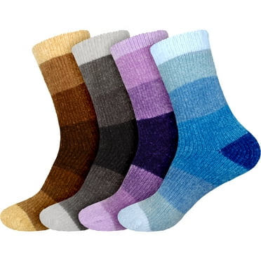 BambooMN 4 Pairs Women's Chenille Fuzzy Color Block Crew Home Socks, Assortment D, Small/Medium