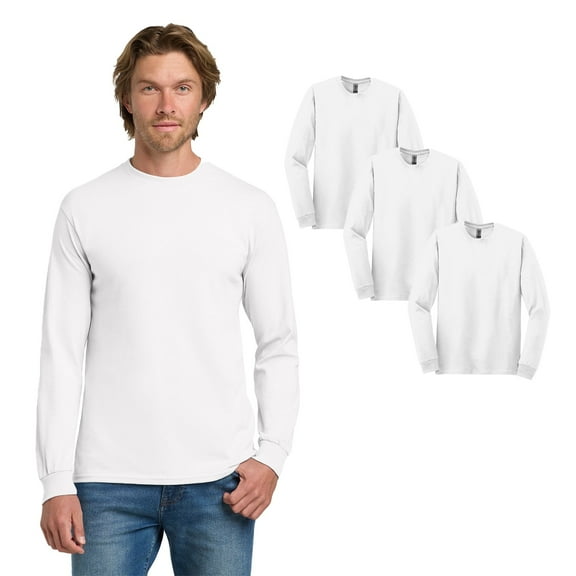 Gildan Men Long Sleeve Crewneck T-Shirt, Heavy Cotton Classic Fit White Tee, 3 Pack, L