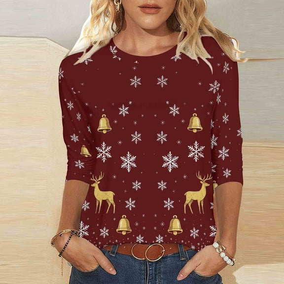 HOMBOM Vintage Tops for Women Crewneck Casual Merry and Bright Xmas 3/4 Sleeve Christmas Females Tee Shirts