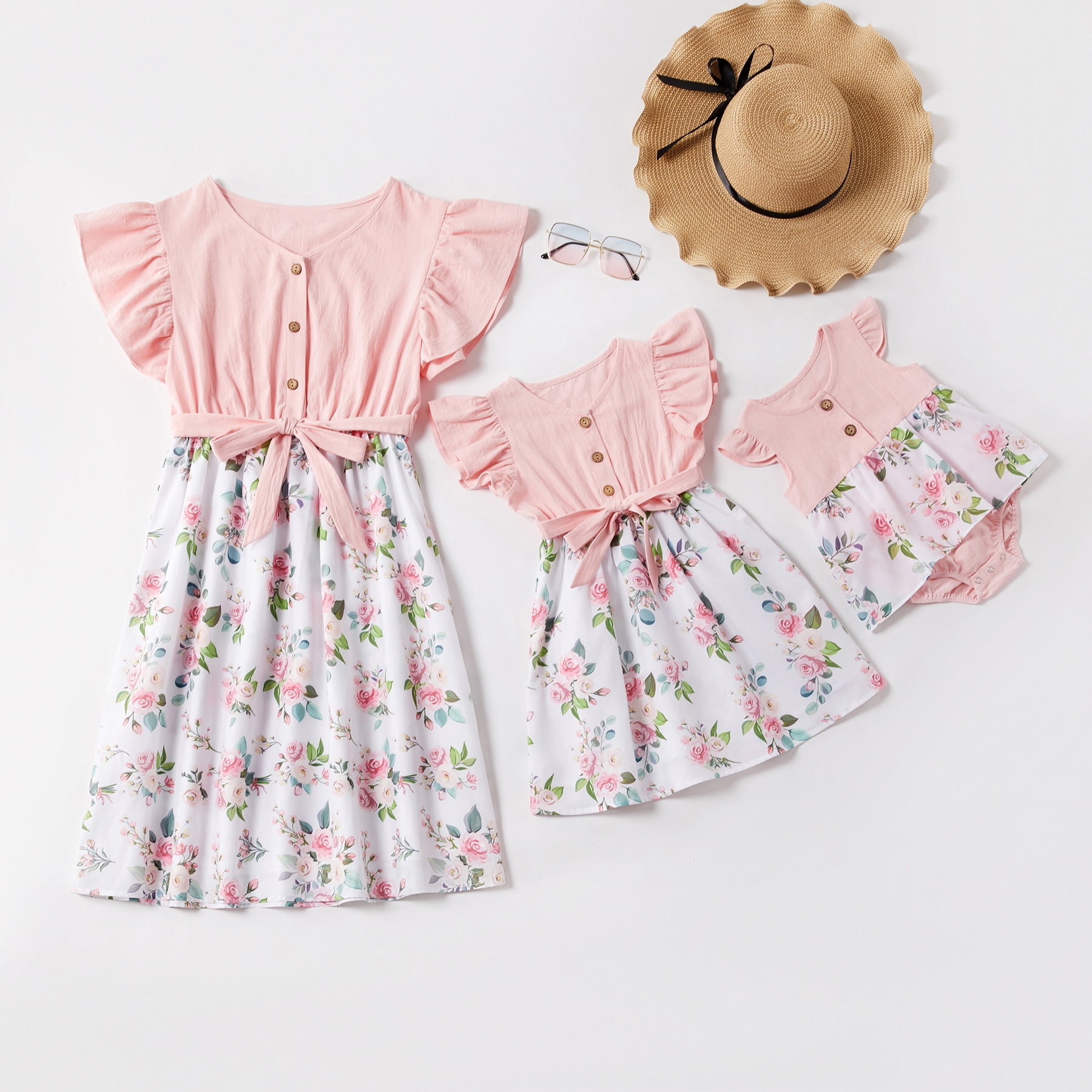 PatPat Mosaic Mommy and Me Floral Bowknot Flutter-sleeve Dress Romper