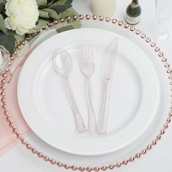 Efavormart 75 Pack Rose Gold 7" Disposable Plastic Cutlery Set Glitter Sprinkled Design Disposable Flatware