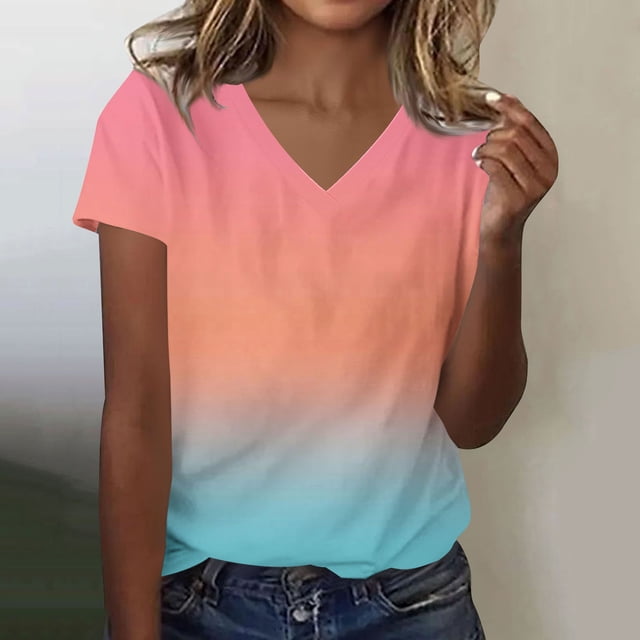 LVHAOGJOB Womens Tees V Neck Summer Shirts Short Sleeve Print Tops for Ladies Daily