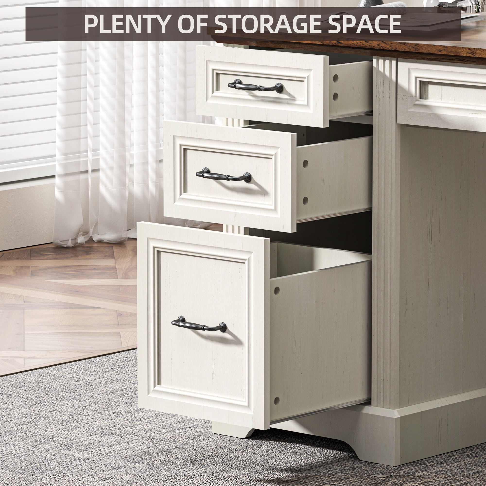 AHB 58-Inch Executive Desk, Farmhouse Computer Desk with Drawers and Storage Cabinet, Wooden Home Office Desk Workstation, Study Writing Desks, White & Brown