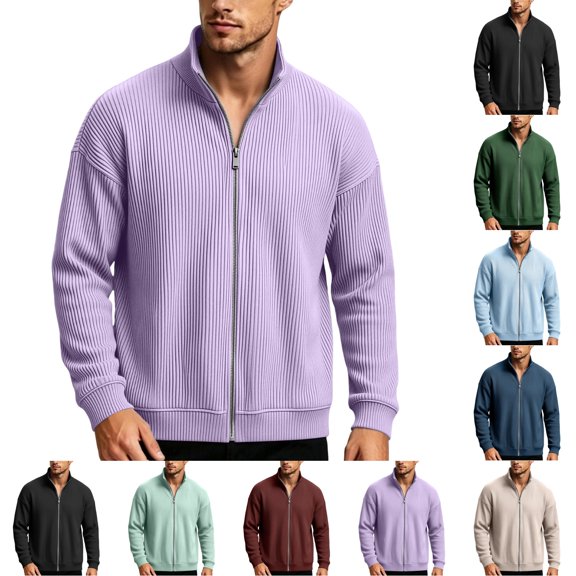 UDAUDU Mens Zip Up Cardigan Sweater Slim Fit Casual Full Zip Corduroy Sweatshirt Sweaters Knit Stand Collar Cardigans Light Purple L