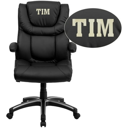 Flash Furniture Personalized High Back Black LeatherSoft Executive Swivel Office Chair with Double Layered Headrest and Open Arms