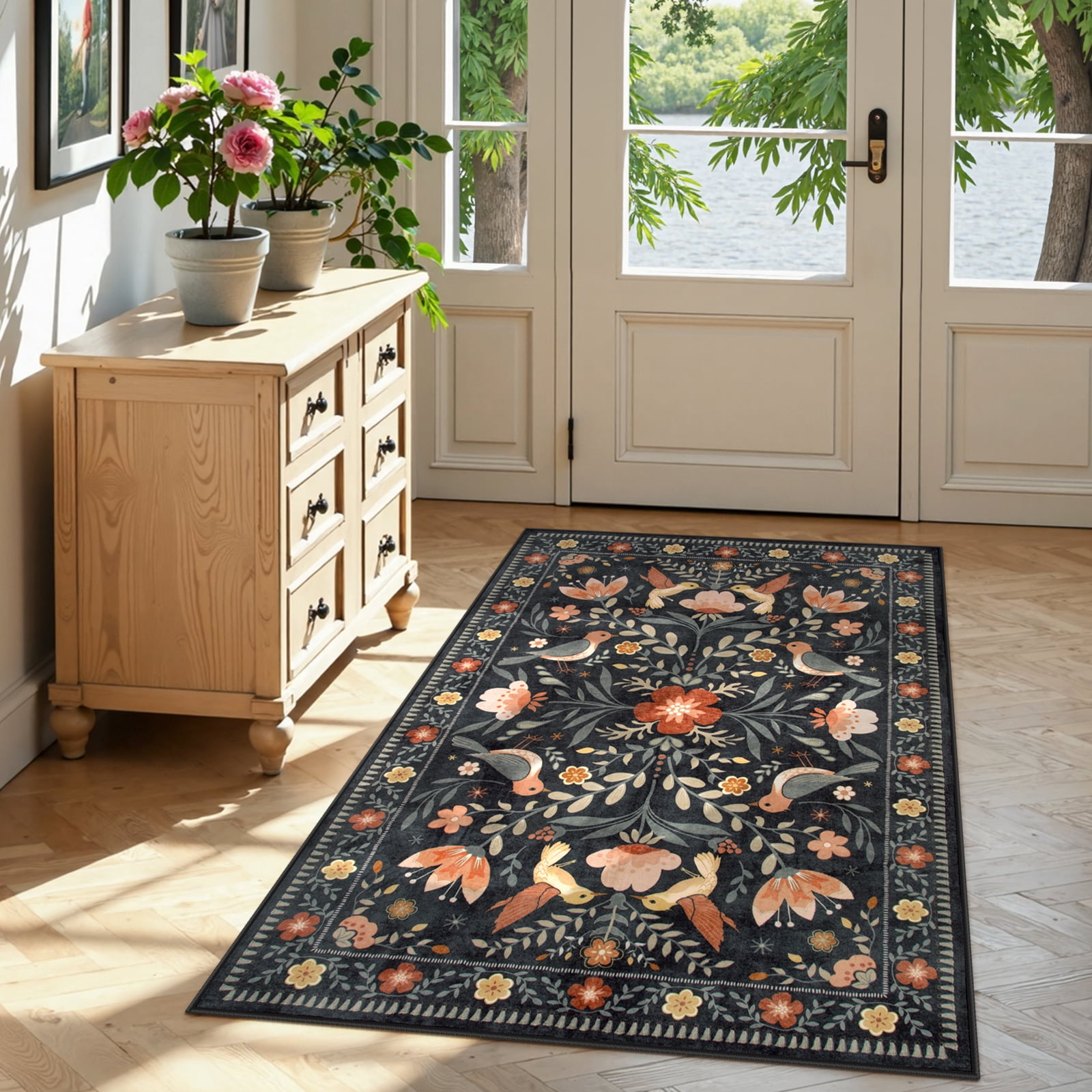 Lahome Decor 3'x5' Boho Bird Area Rugs,Floral Rug for Living Room Machine Washable,Soft Indoor Carpet,Non-Slip Low Pile for Bedroom Entrance Kitchen Office,Black