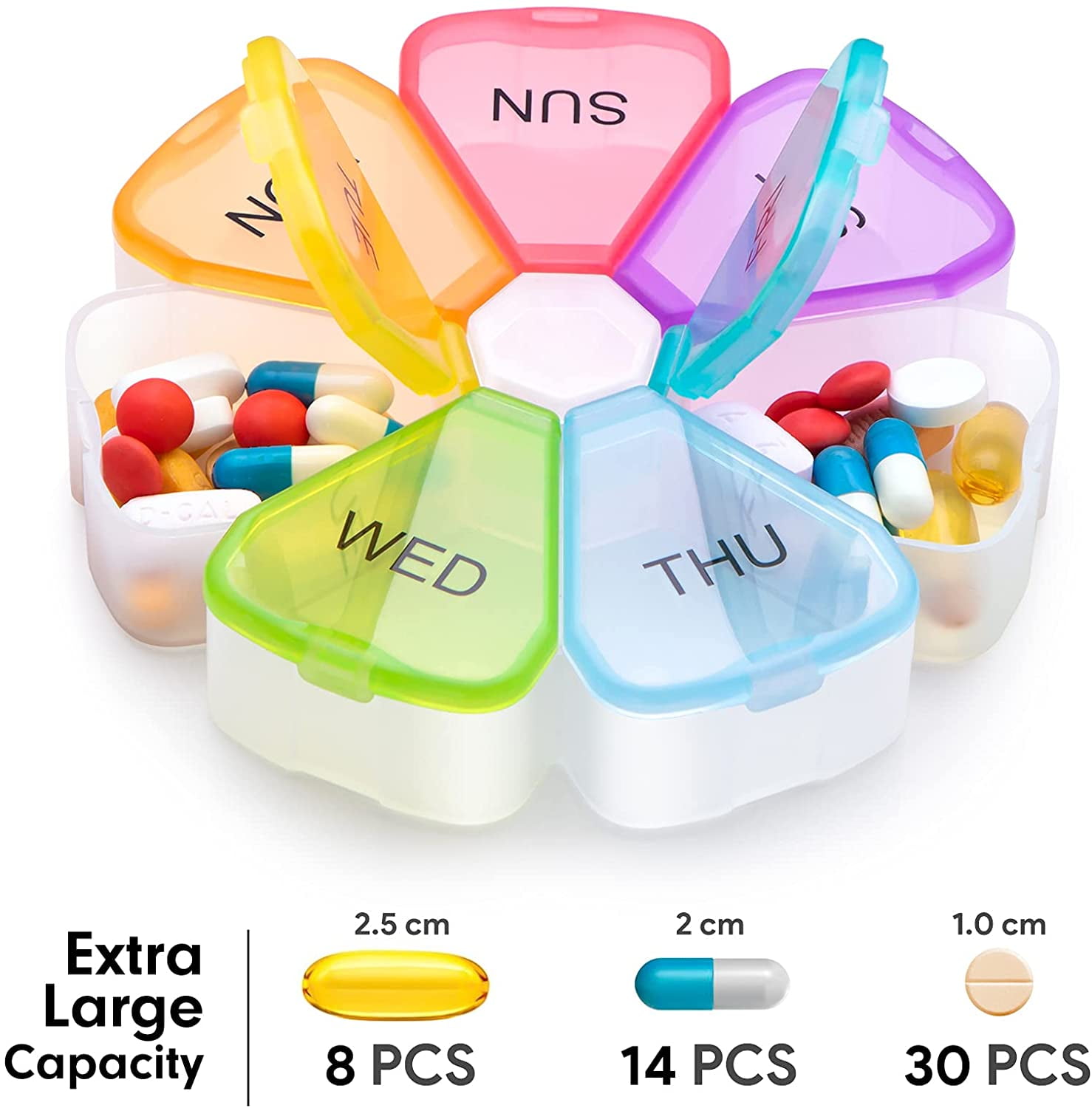 Wood 7 Day Weekly Pill Organizer Vitamin Dispenser Wooden Pill Case Pill  Container Box for Vitamin Fish Oil Pills Supplements, Arthritis Friendly