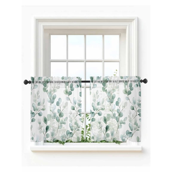 Eucalyptus Tier Curtains 24 Inch Length, Sheer Curtains for Bedroom Living Room Window Ombre Greenery Round Leaves Plant Rod Pocket Voile Drapes Kitchen Curtains Small Half Window 27.5"x24" 2 Panels